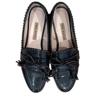 Zara Black Scalloped Studded Patent Leather Bow Chunky Heel Loafers Sz 41 / 10.5
